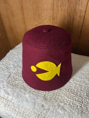 Burgundy and yellow costume fez humorous play on symbols size LARGE. 3059.